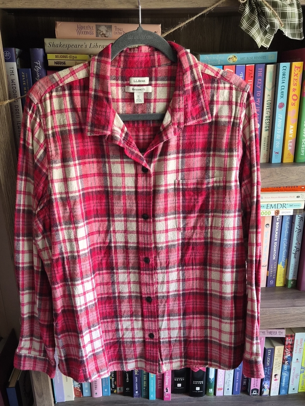 L.L. Bean Red and White Plaid Flannel Button-Down Shirt